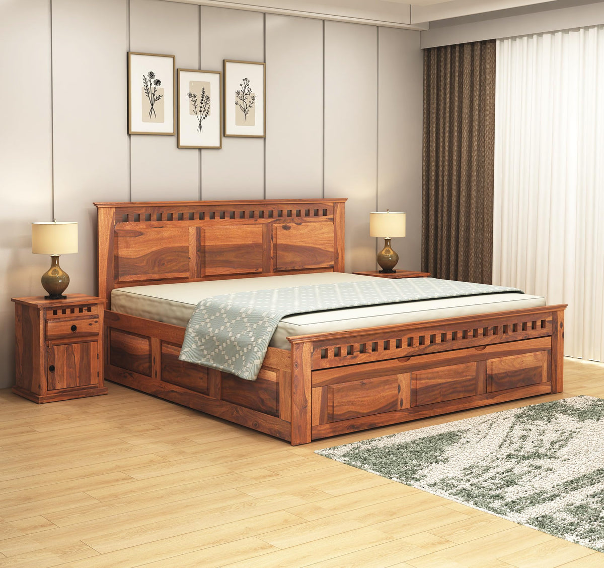 Kuber Solid Sheesham Wood King Size Bed with Drawer Storage - Natural Finish