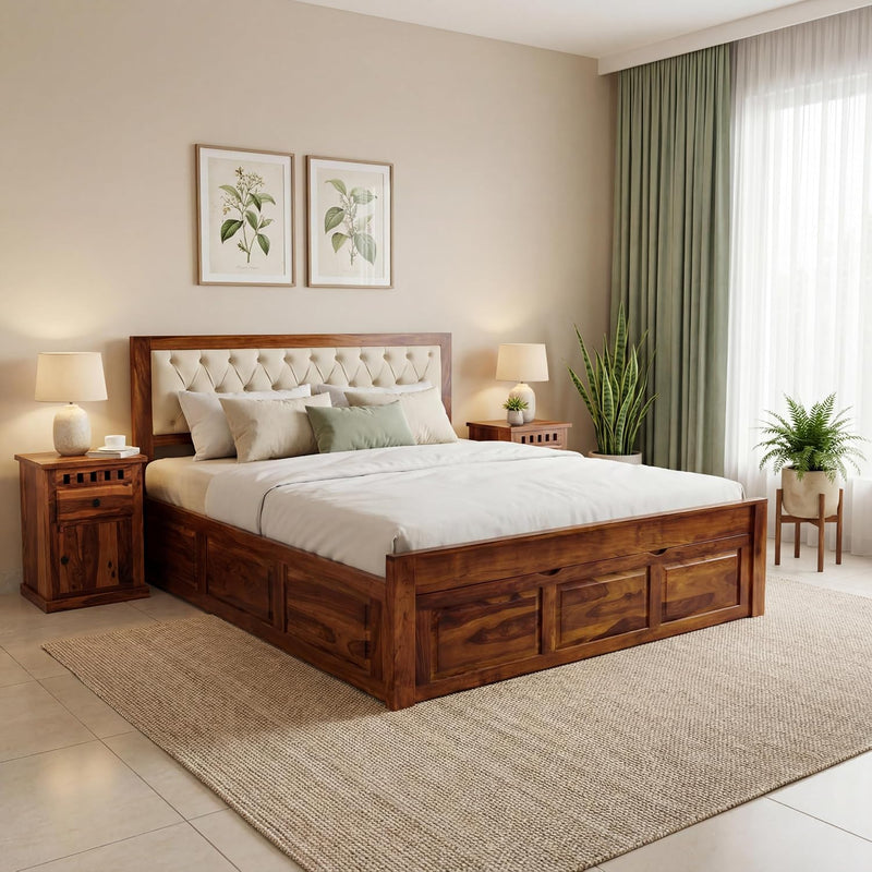 Zeus Solid Sheesham Wood Queen Size Bed with Drawer Storage - Natural Finish