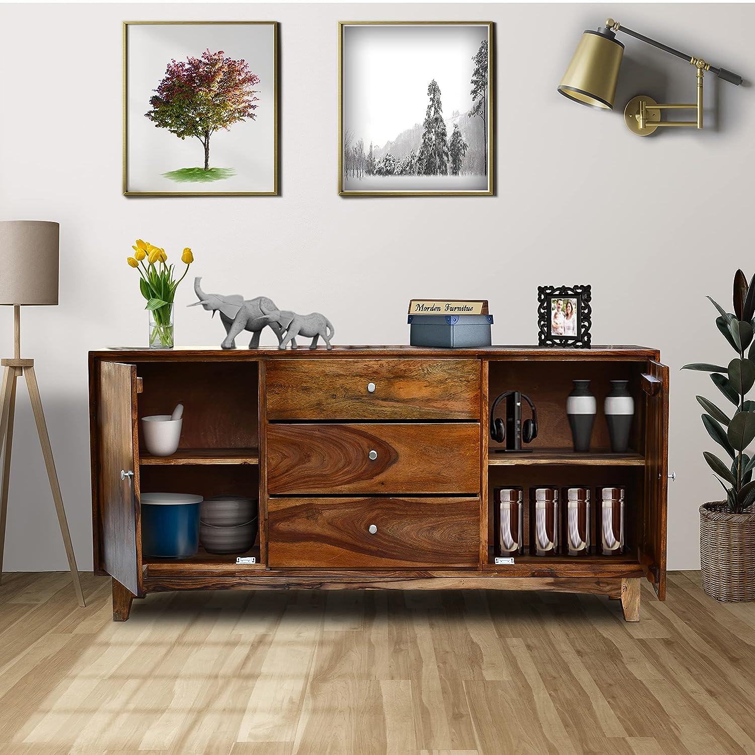 Oaklyn  Wooden Stand Sideboard TV Cabinet for Living Room - Natural Finish
