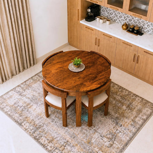 Cero Sheesham Wood Round 4 Seater Dining Table Set in natural finish - side angle view