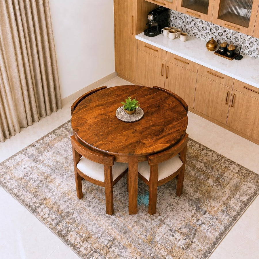 Cero Sheesham Wood Round 4 Seater Dining Table Set - Natural Finish