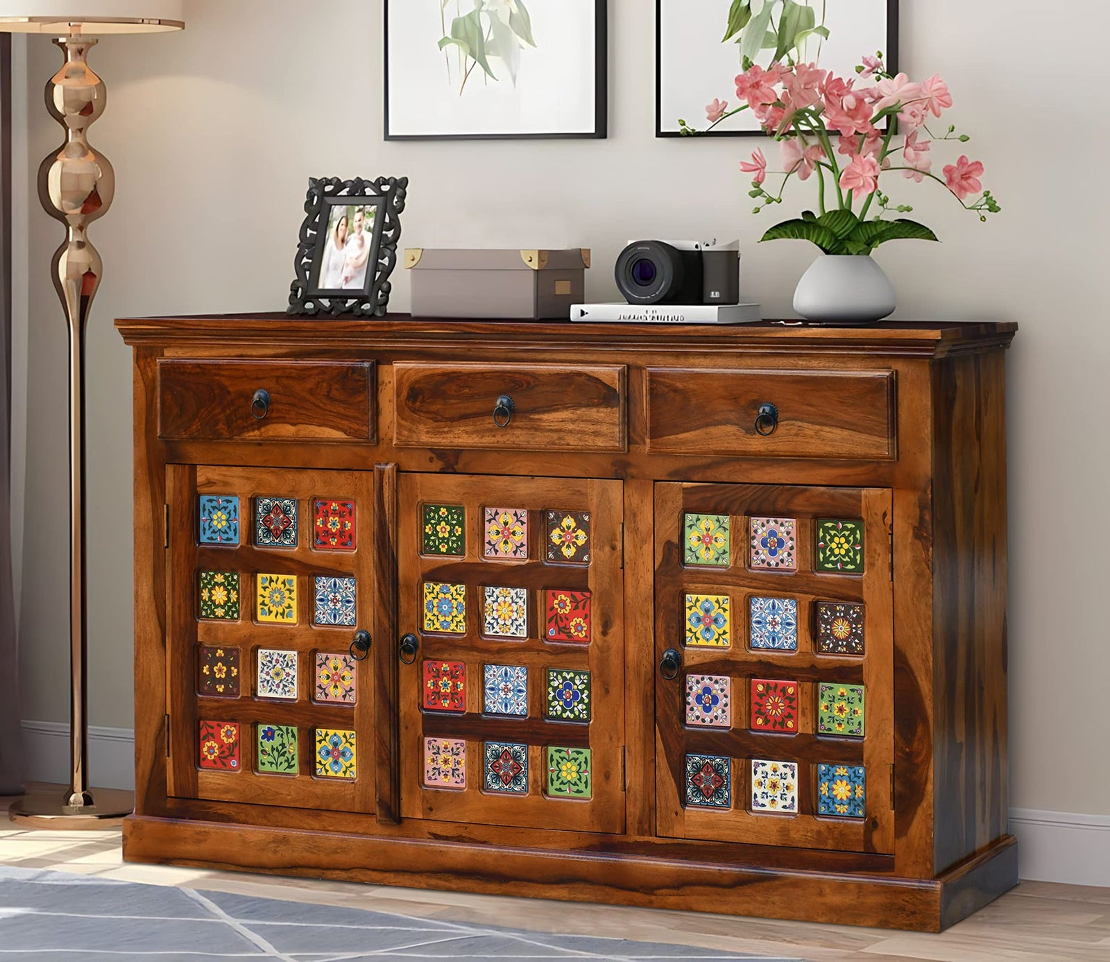 Tile Sheesham Wood Sideboard & Tv Cabinet Finish - Natural