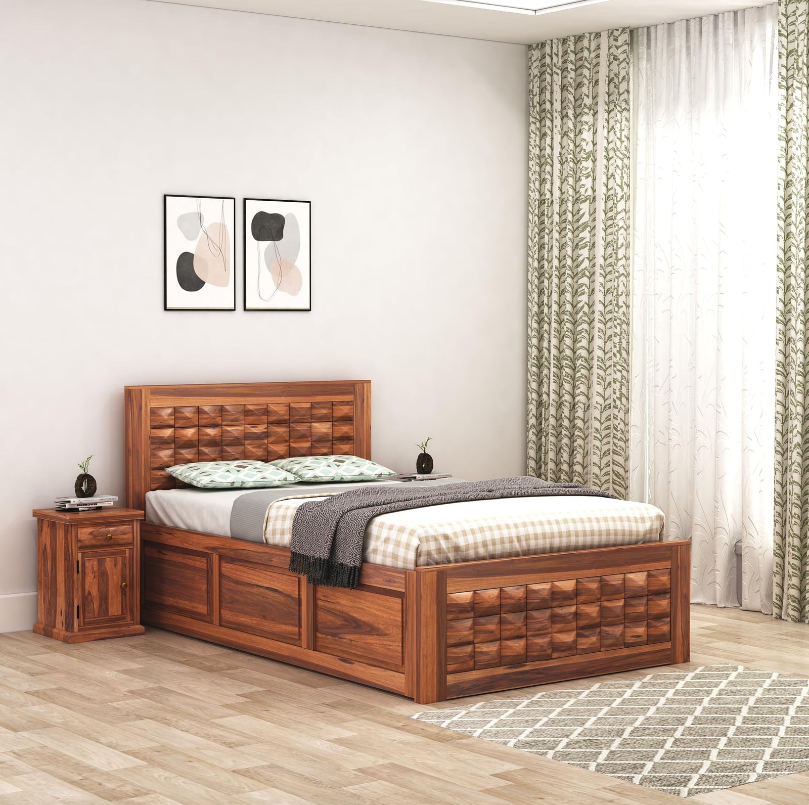 Diamond Solid Sheesham Wood Single Bed with Box Storage Finish - Honey