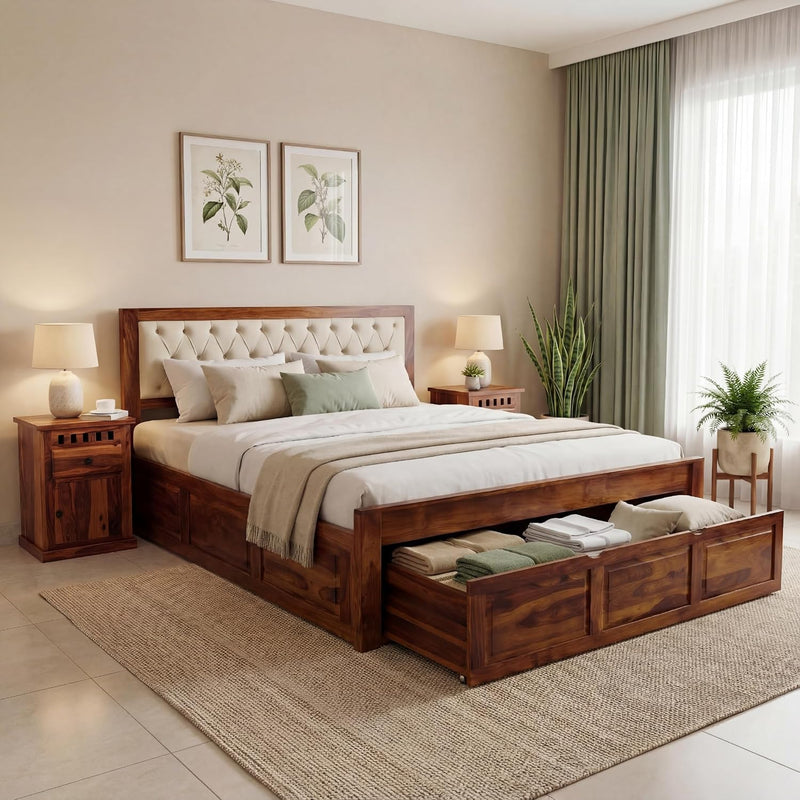 Zeus Solid Sheesham Wood King Size Bed with Drawer Storage - Natural Finish