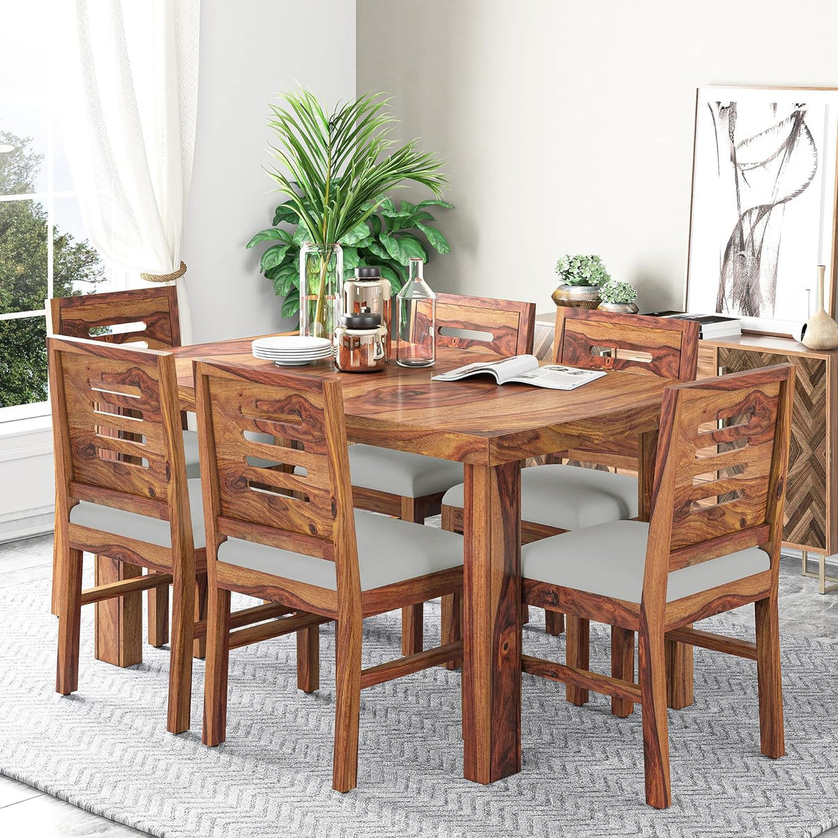 Capsule 6 Seater Sheesham Wood Dining Table Set in natural finish