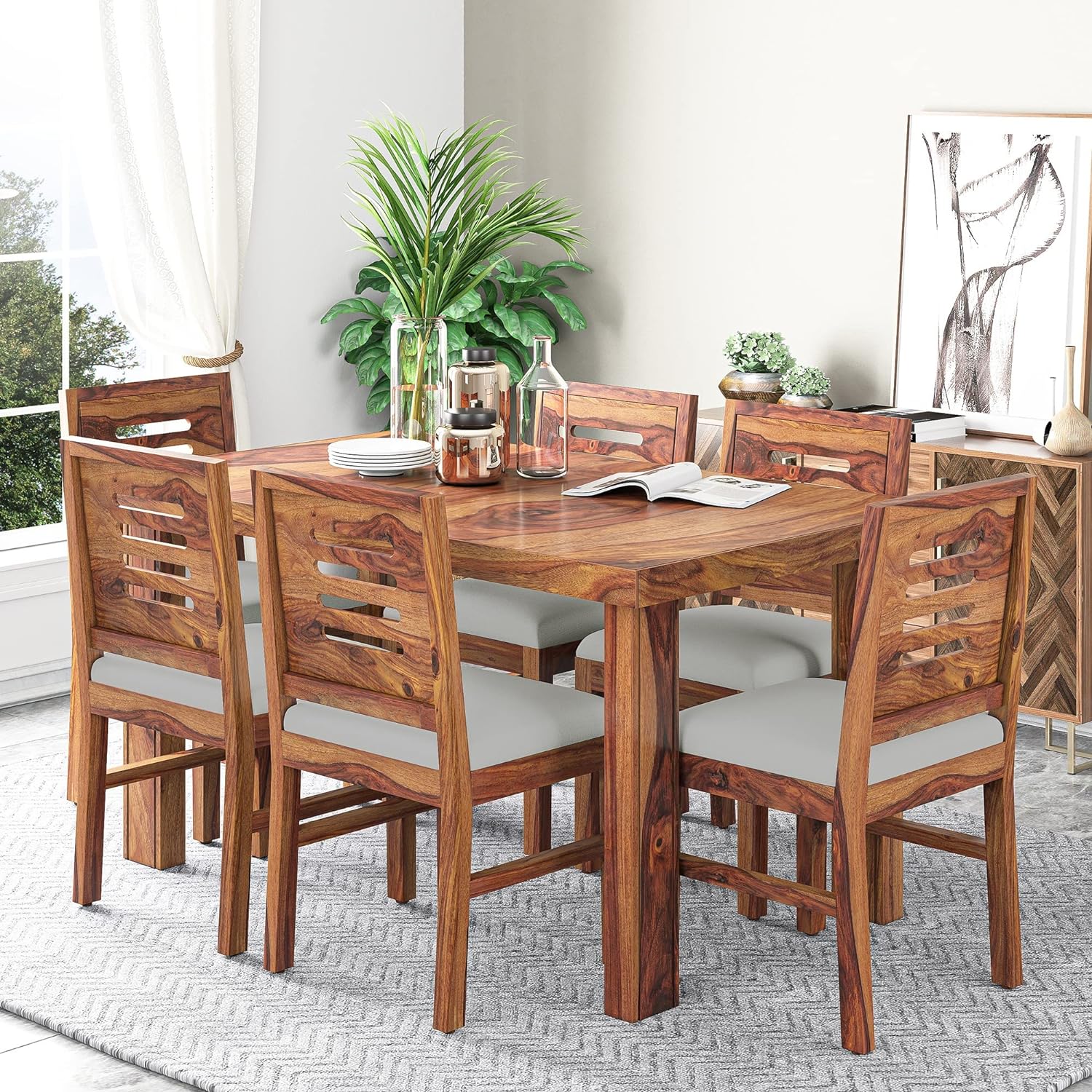 Capsule 6 Seater Sheesham Wood Dining Table Set - Natural Finish