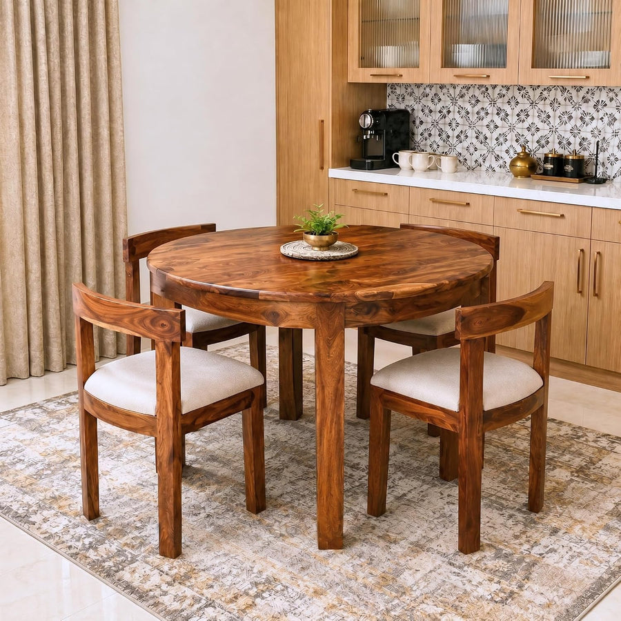 Cero Sheesham Wood Round 4 Seater Dining Table Set - Natural Finish