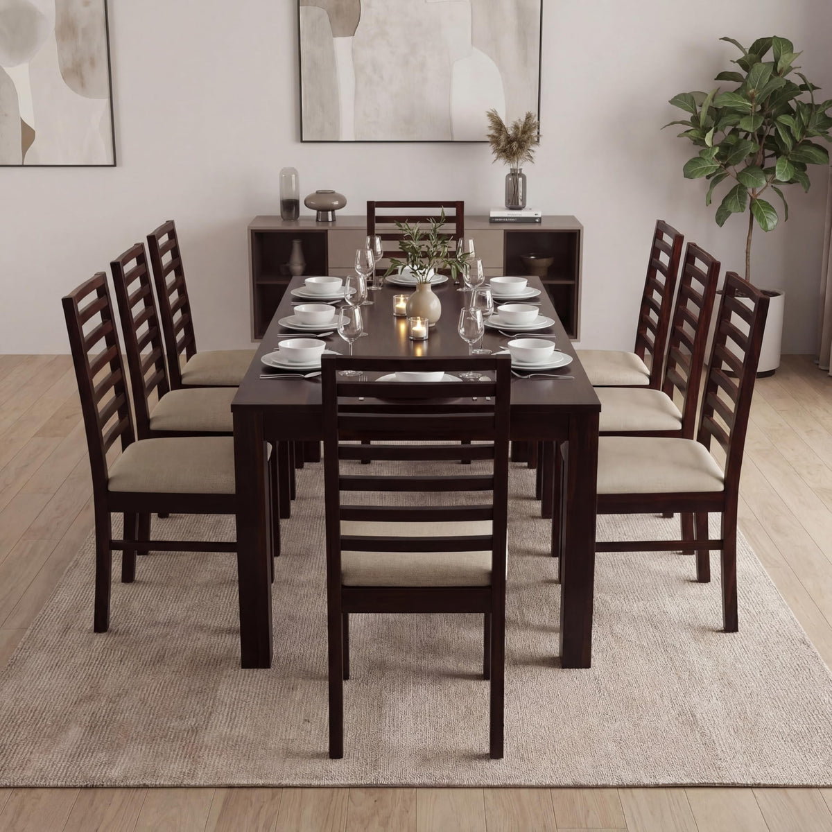 7 Fanti Solid Sheesham Wood 8 Seater Dining Table Set in walnut finish - close-up of the walnut finish and wood grain