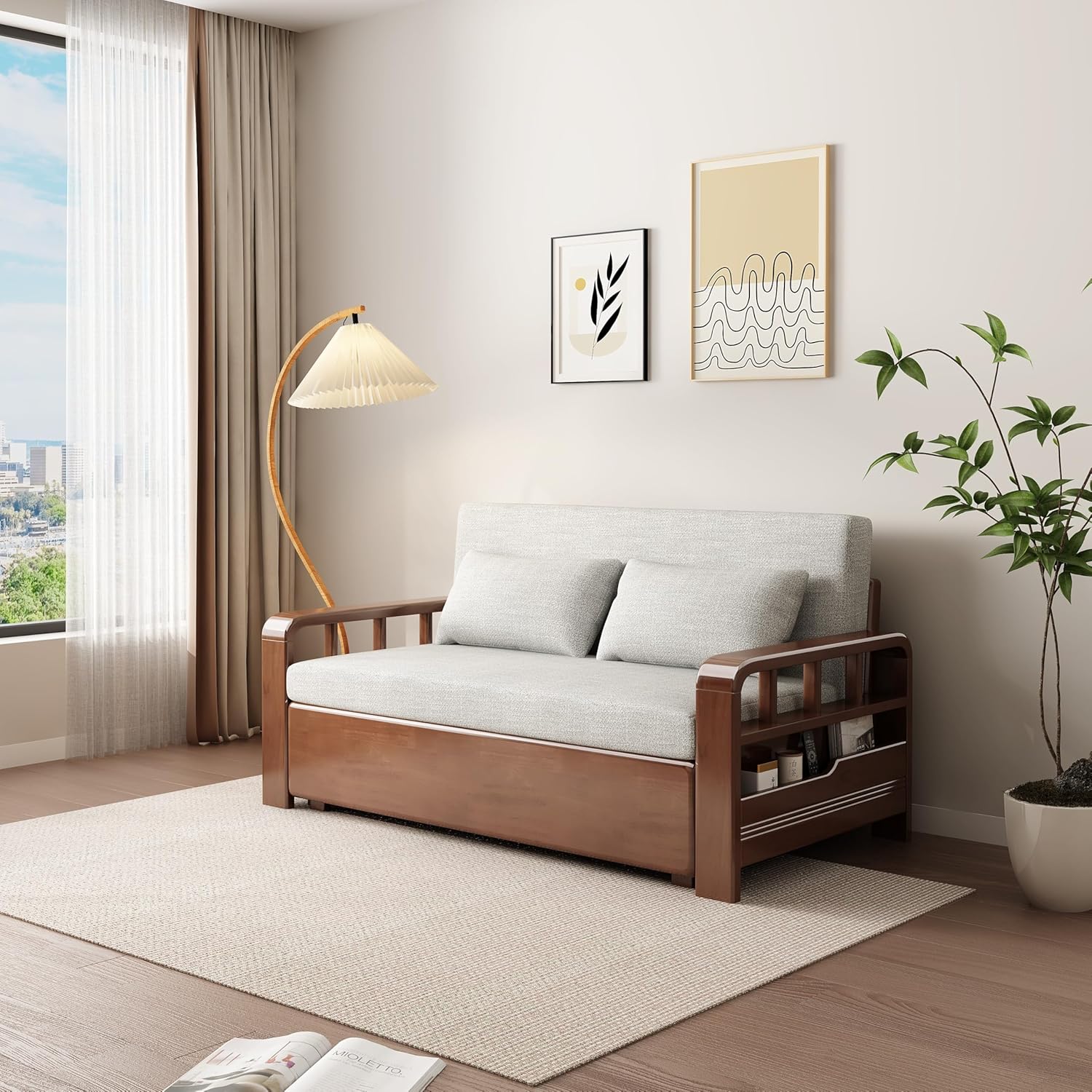 Relaxio Wooden 3 Seater Sofa Cum Bed with Storage - Oak Wood - Grey Cushion