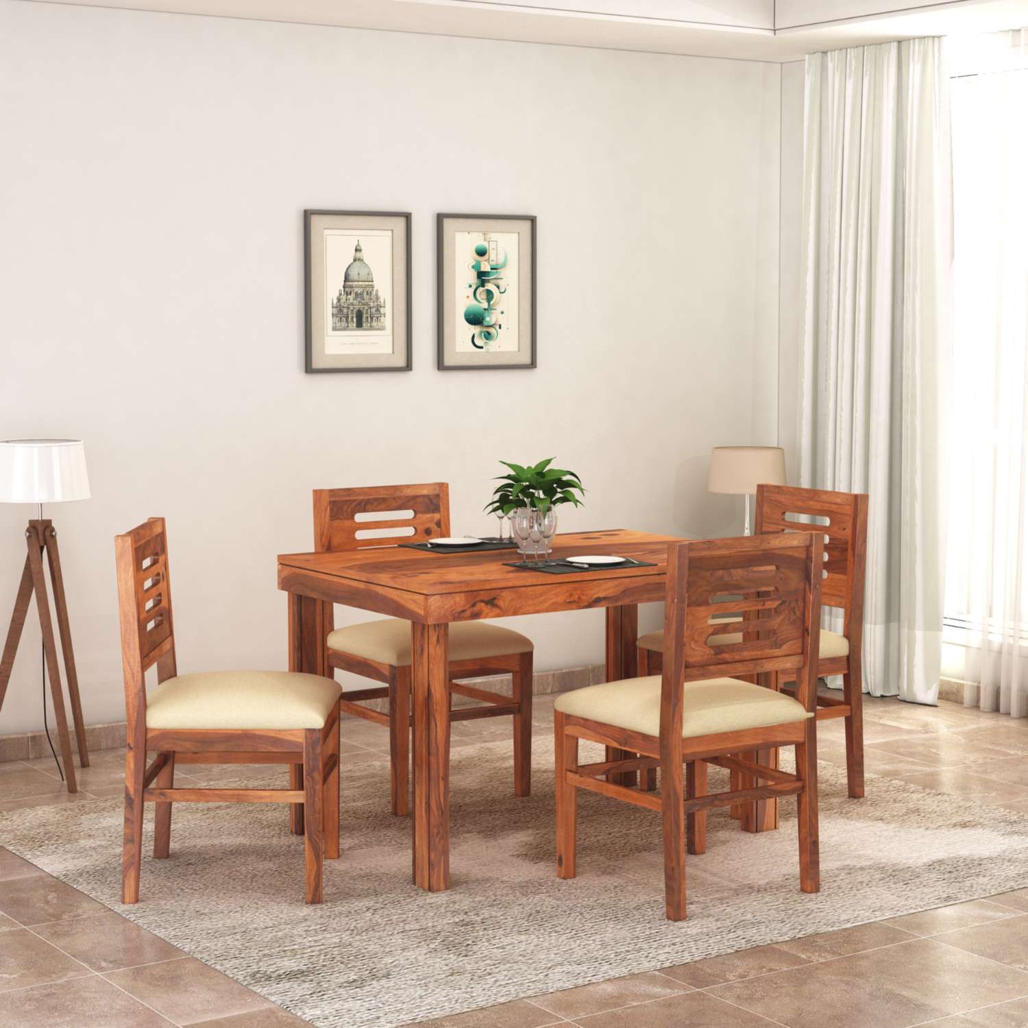 Sheesham Wood 4 Seater Dining Table Set Finish - Natural