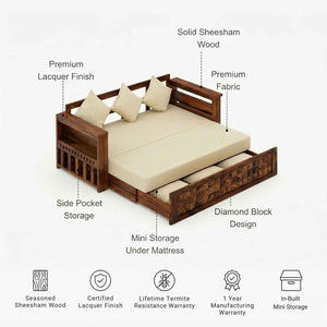 Diamond Sheesham Wooden Sofa Cum bed Finish - Natural