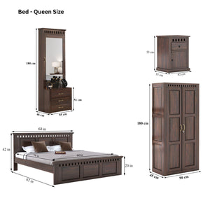 Kuber Queen Size Bed without Storage, Wardrobe, Dressing Table & Two Bedside Tables  - Walnut Finish