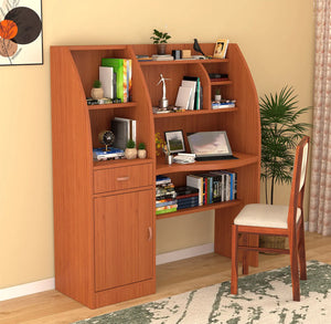 Contemporary Wooden Study Desk with Shelves, Drawer, and Curved Design for Modern Spaces