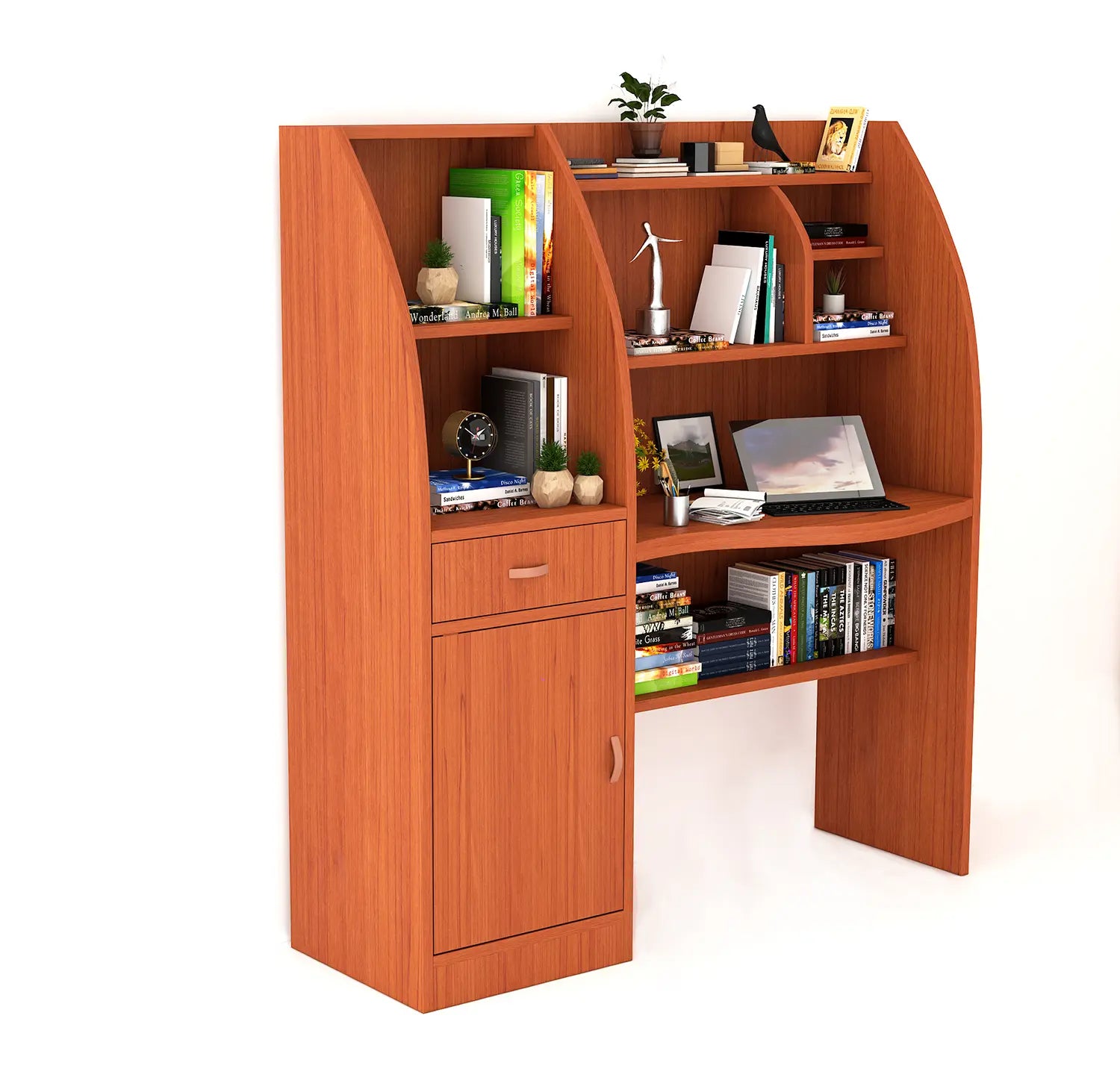Contemporary Wooden Study Desk with Shelves, Drawer, and Curved Design for Modern Spaces