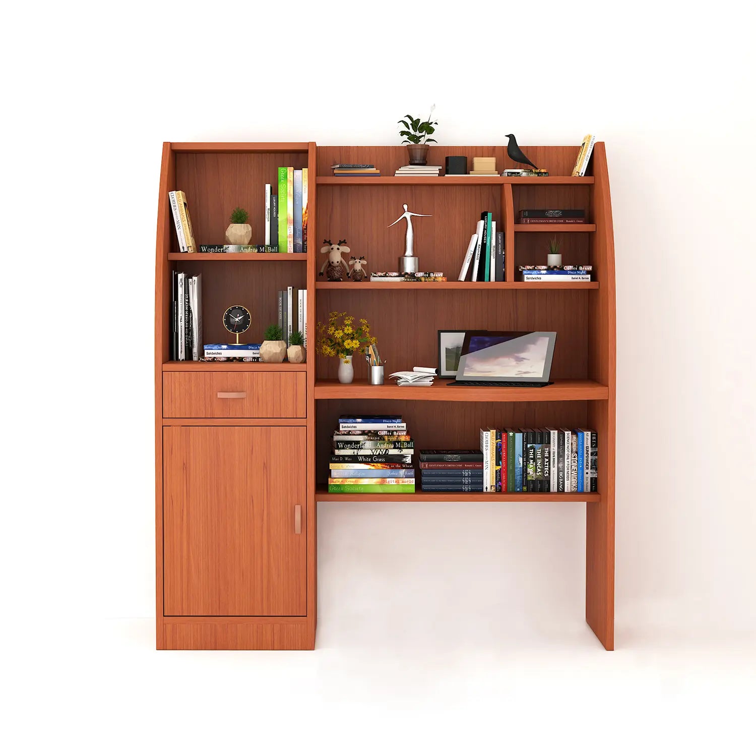 Contemporary Wooden Study Desk with Shelves, Drawer, and Curved Design for Modern Spaces