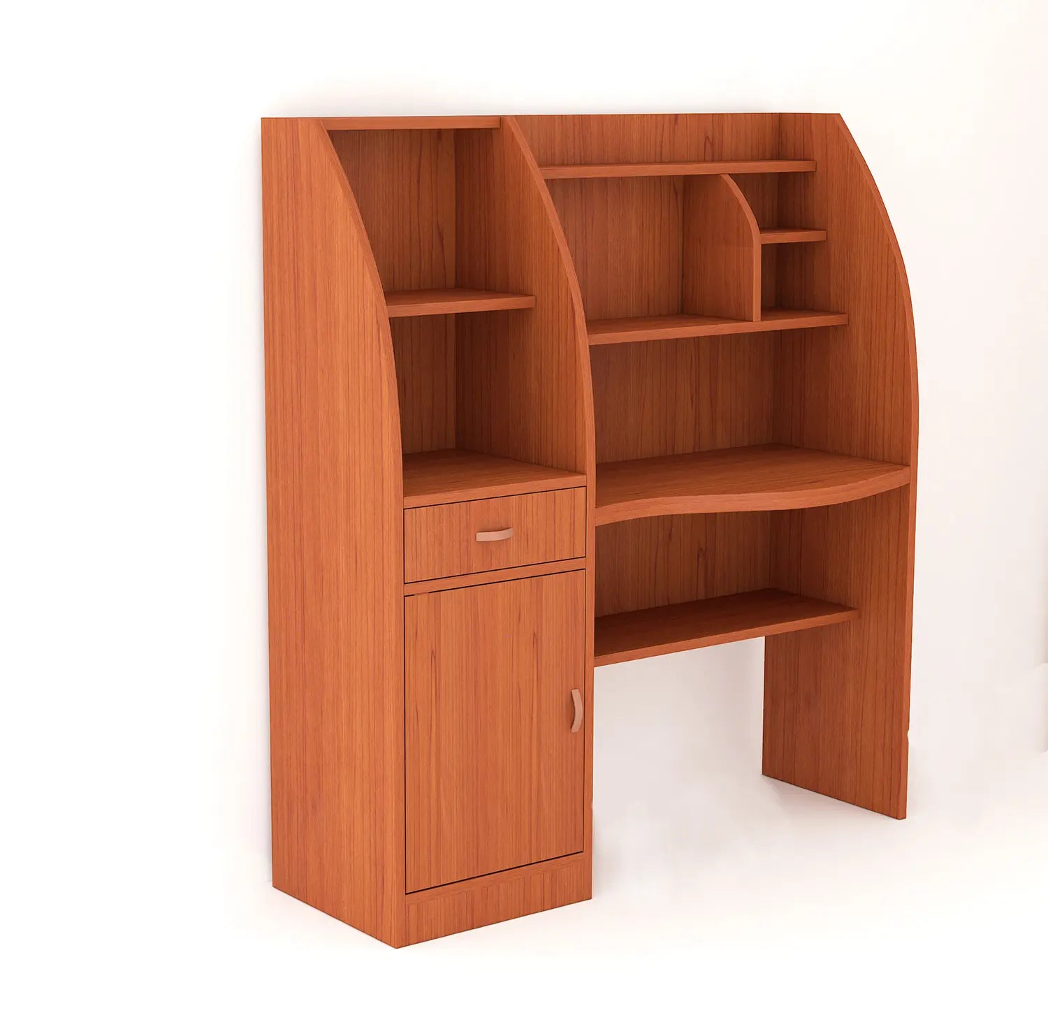 Contemporary Wooden Study Desk with Shelves, Drawer, and Curved Design for Modern Spaces