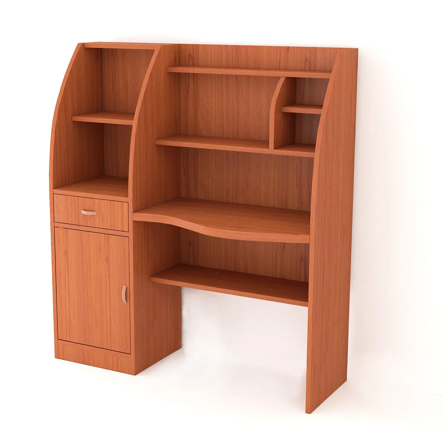 Contemporary Wooden Study Desk with Shelves, Drawer, and Curved Design for Modern Spaces