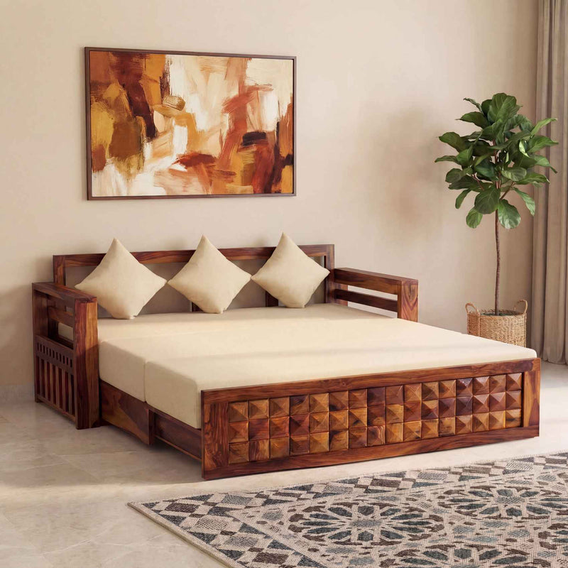 Diamond Sheesham Wooden Sofa Cum bed Finish - Natural