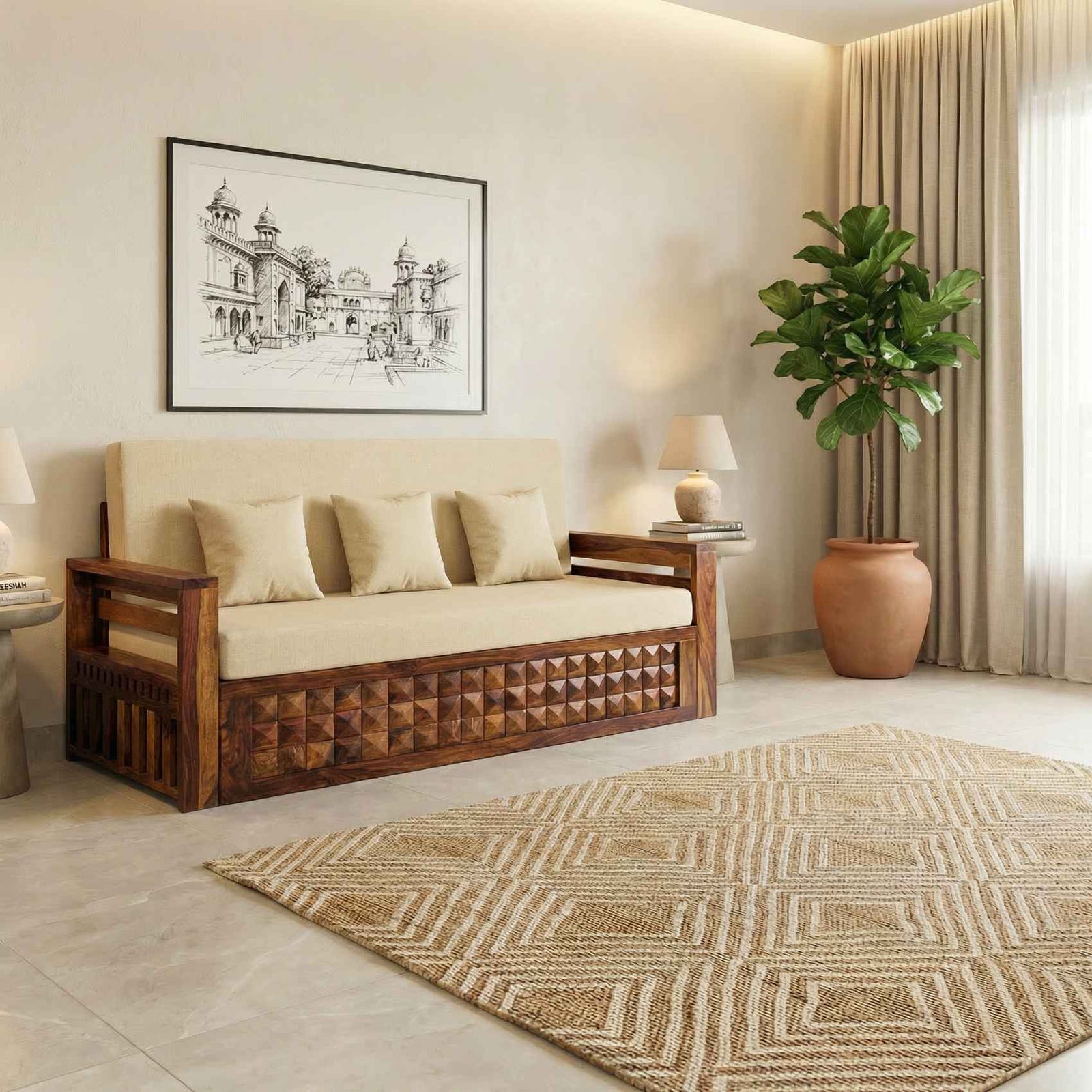 Diamond Sheesham Wooden Sofa Cum bed Finish - Natural