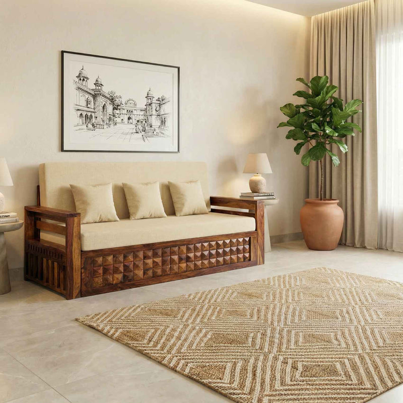 Diamond Sheesham Wooden Sofa Cum bed Finish - Natural