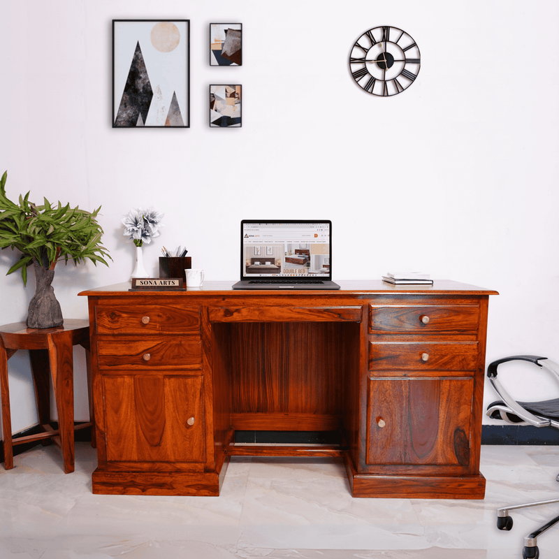 Carmel 2 Door Sheesham Wood Study Table for Students with 4 Drawers & 2 Doors - Natural Finish