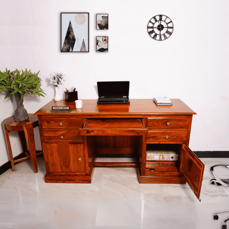 Carmel 2 Door Sheesham Wood Study Table for Students with 4 Drawers & 2 Doors - Natural Finish