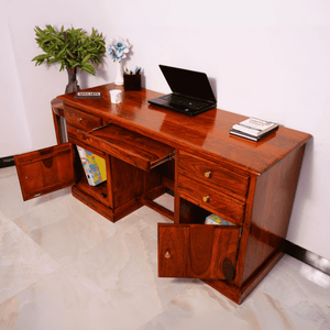 Carmel 2 Door Sheesham Wood Study Table for Students with 4 Drawers & 2 Doors - Natural Finish