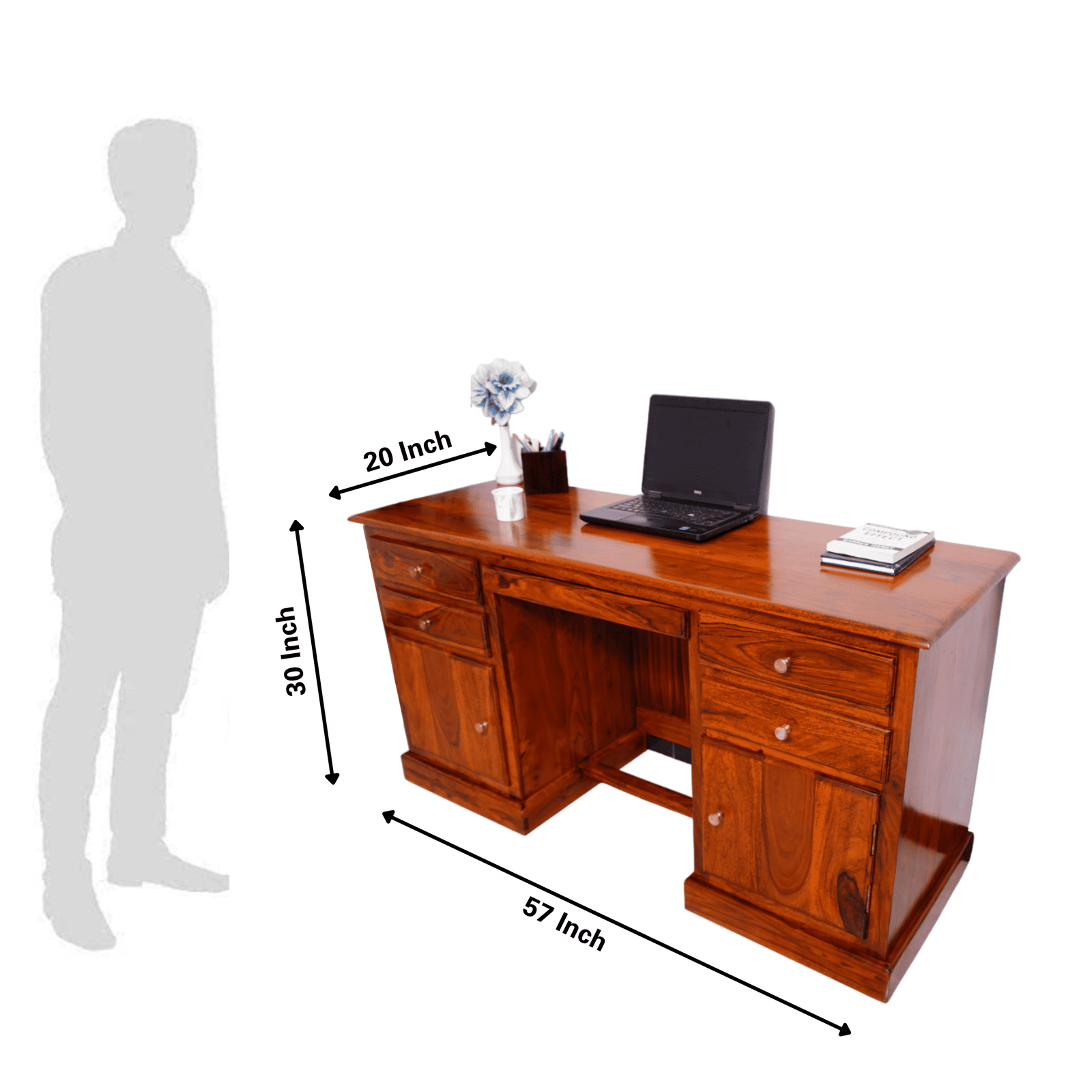 Carmel 2 Door Sheesham Wood Study Table for Students with 4 Drawers & 2 Doors - Natural Finish