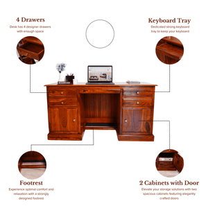 Carmel 2 Door Sheesham Wood Study Table for Students with 4 Drawers & 2 Doors - Natural Finish