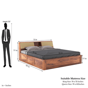 Hades Solid Sheesham Wood King Size Bed with Box Storage | King Size Cot With Head Cushion - Natural Finish