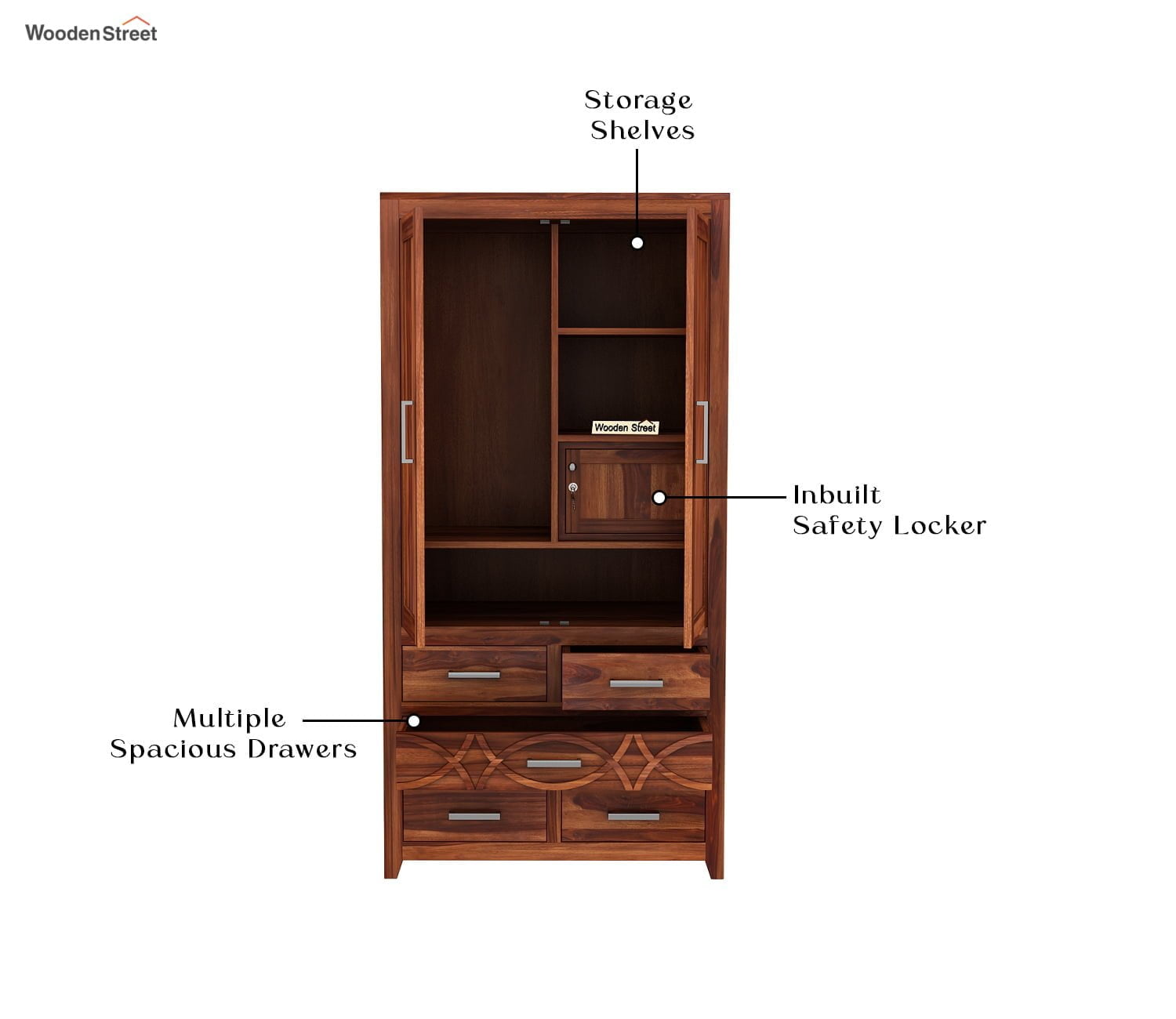 CNC Solid Sheesham Wood 2 Door Wardrobe with 5 Drawers Storage - Natural Finish