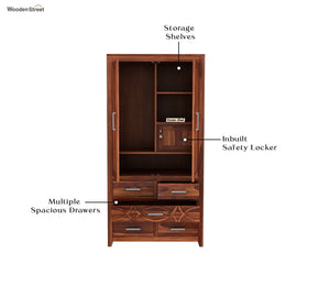 CNC Solid Sheesham Wood 2 Door Wardrobe with 5 Drawers Storage - Natural Finish
