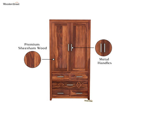 CNC Solid Sheesham Wood 2 Door Wardrobe with 5 Drawers Storage - Natural Finish
