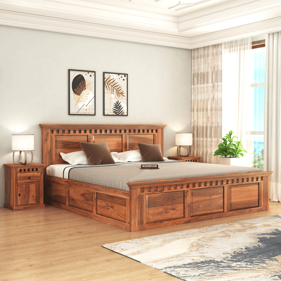 Kuber Solid Sheesham Wood Queen Size Bed with Box Storage - Natural Finish