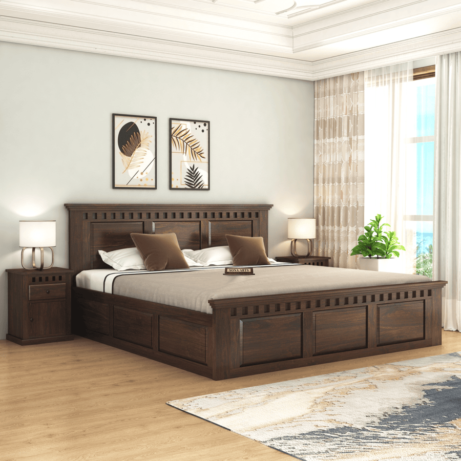 Kuber Solid Sheesham Wood King Size Bed with Box Storage - Walnut Finish