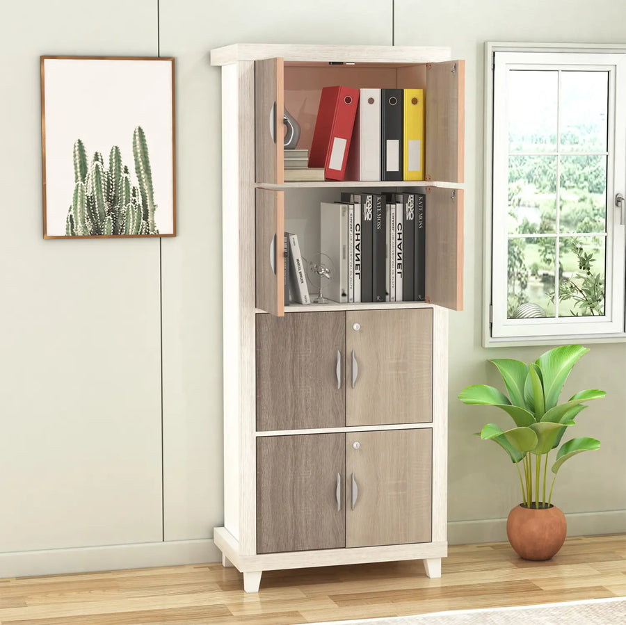 Modern Bookcase with Doors | Two-Tone Storage Cabinet in White and Wood Finish