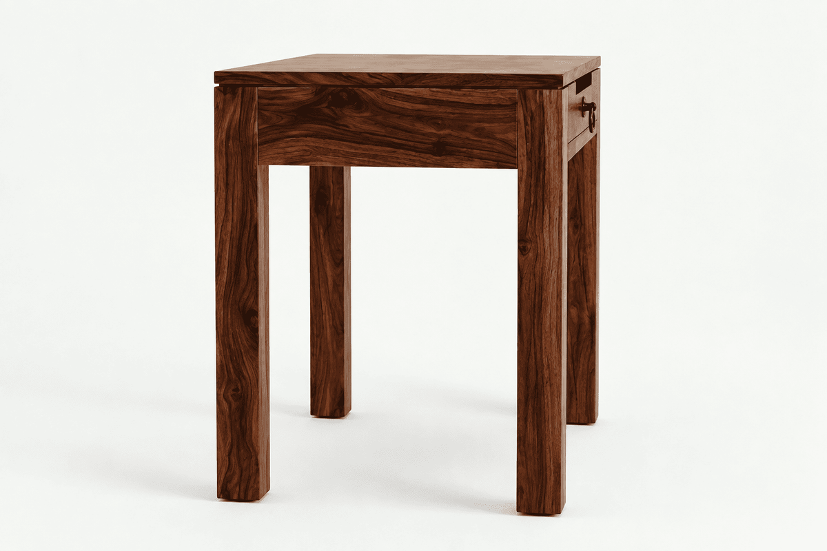 A dark brown Sheesham wooden side table with a single drawer and a small metal pull handle, shown on a clean white background.