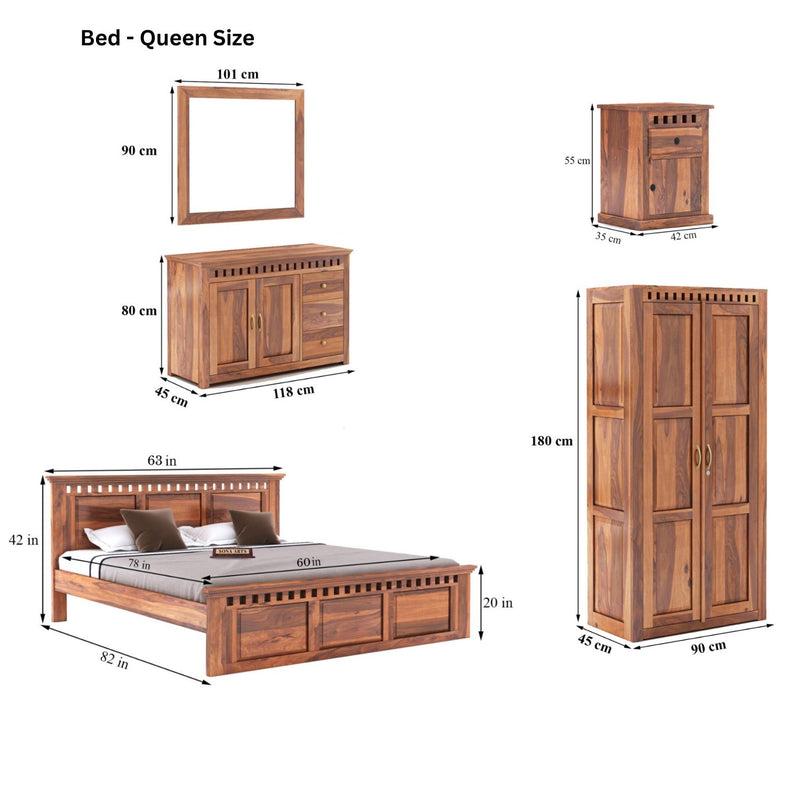 Kuber Queen Size Bed without Storage, Wardrobe, Chest of Drawer & Two Bedside Tables - Natural Finish