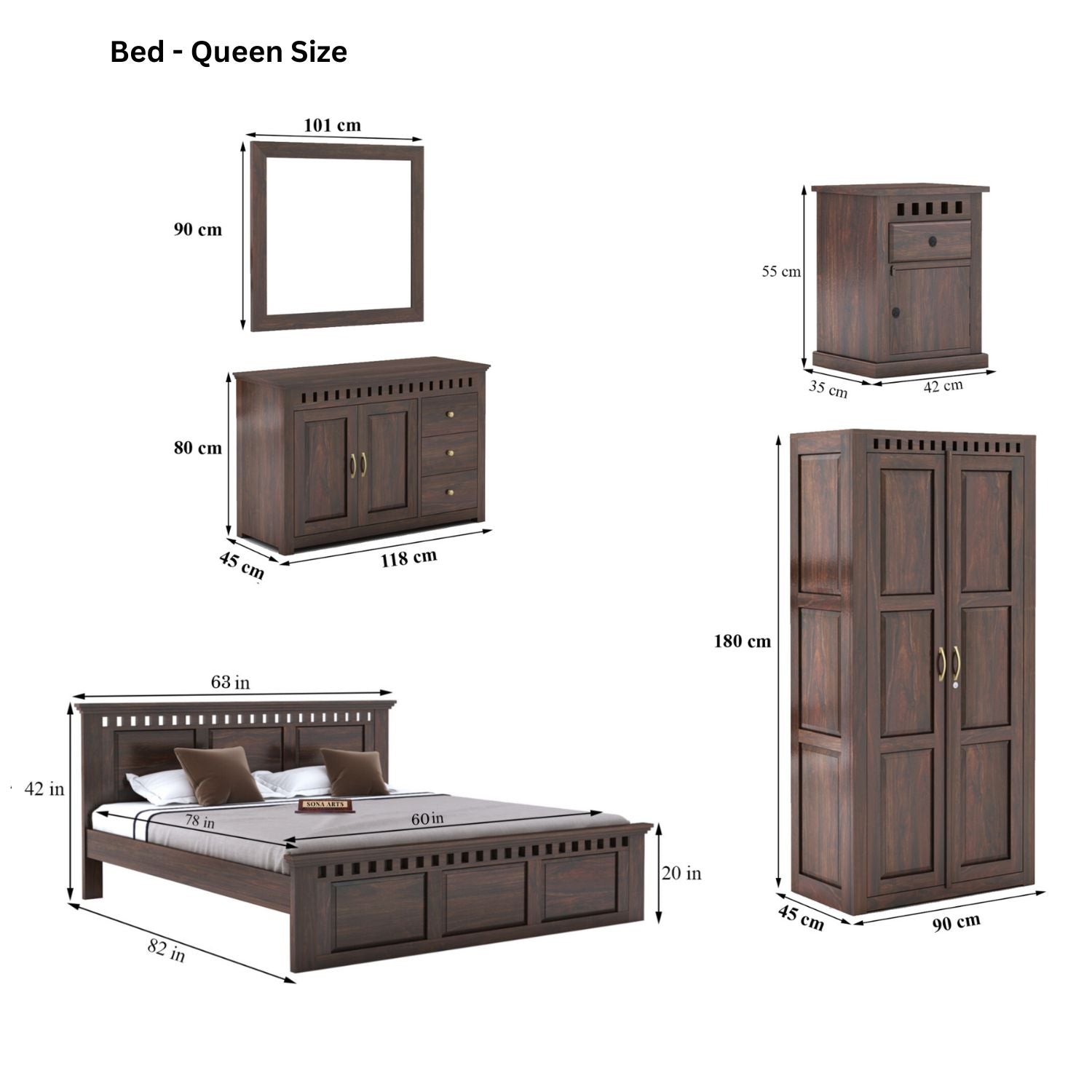Kuber Queen Size Bed without Storage, Wardrobe, Chest of Drawer & Two Bedside Tables - Walnut Finish