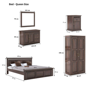 Kuber Queen Size Bed without Storage, Wardrobe, Chest of Drawer & Two Bedside Tables - Walnut Finish