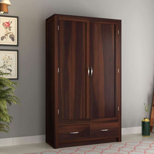 Dorian Solid Sheesham Wood 2 Door Wardrobe with 2 Drawers- Walnut Finish