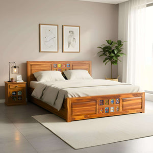Hera Solid Sheesham Wood King Size Bed with Storage | Wooden King Size Cot - Natural Finish