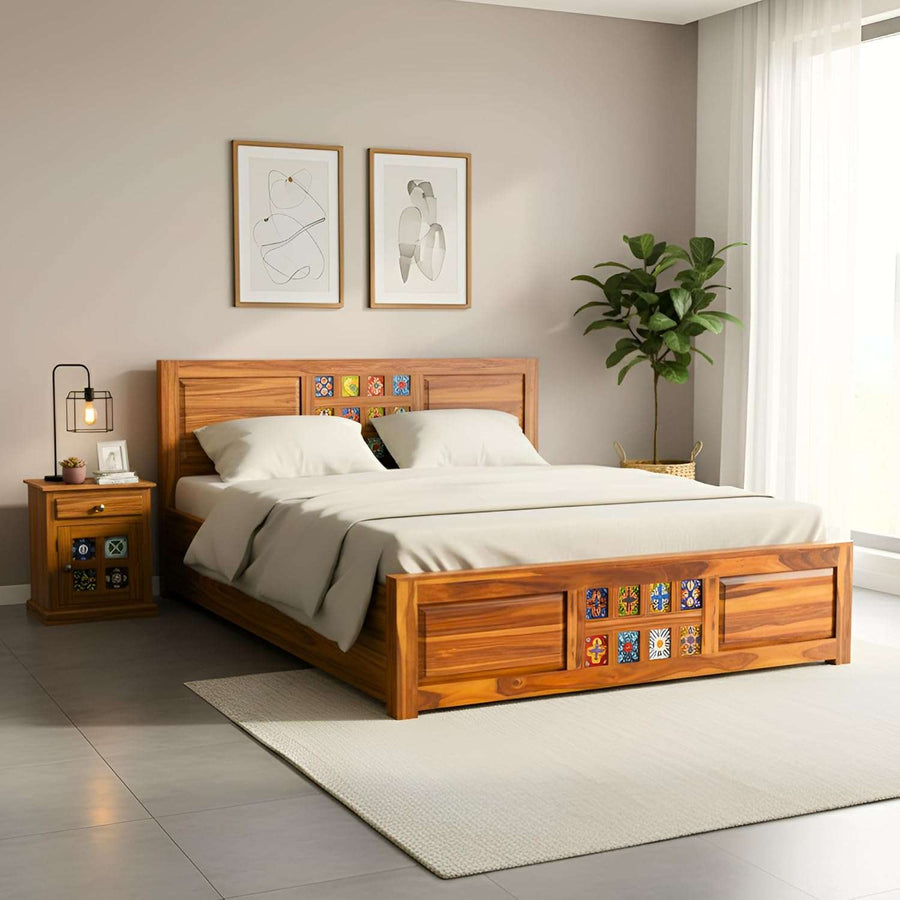 Hera Solid Sheesham Wood Queen Size Bed with Box Storage - Natural Finish