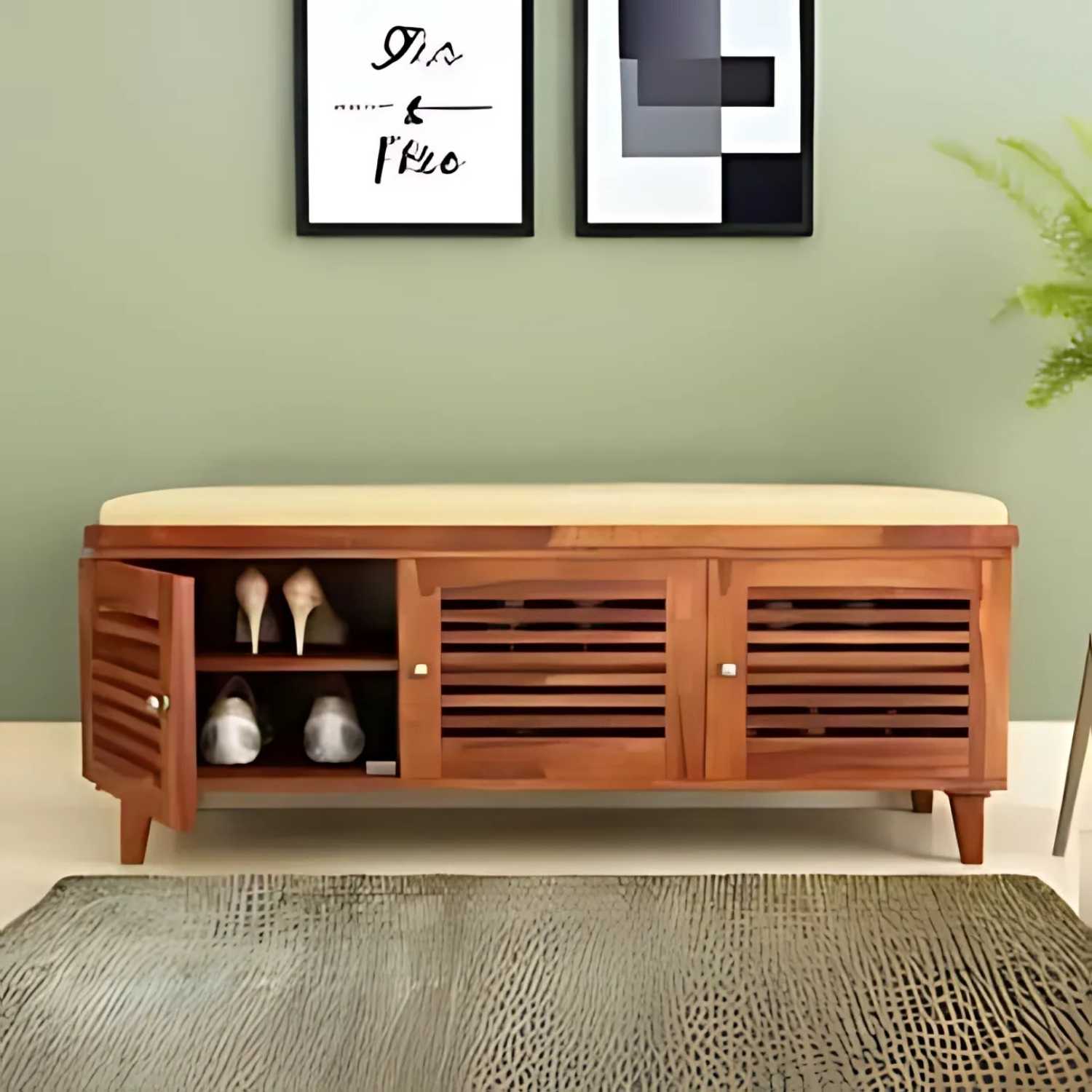 Sheesham Wooden Shoe Rack for Home with Door Storage and Cushion Seating Drawer | Multipurpose Cabinets for Living Room Home | Natural Teak Finish