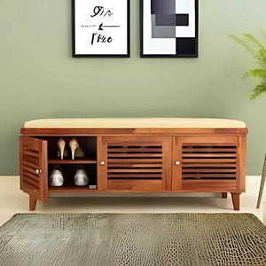 Sheesham Wooden Shoe Rack for Home with Door Storage and Cushion Seating Drawer | Multipurpose Cabinets for Living Room Home | Natural Teak Finish