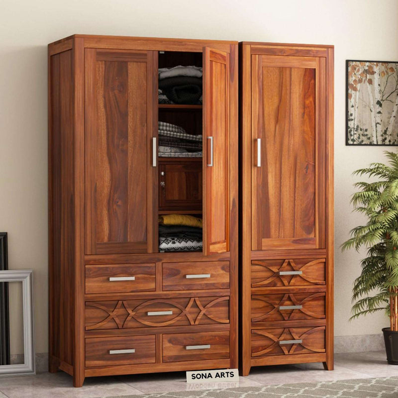 CNC Sheesham Wood 3 Door Wardrobe with 8 Drawers Storage - Natural Finish