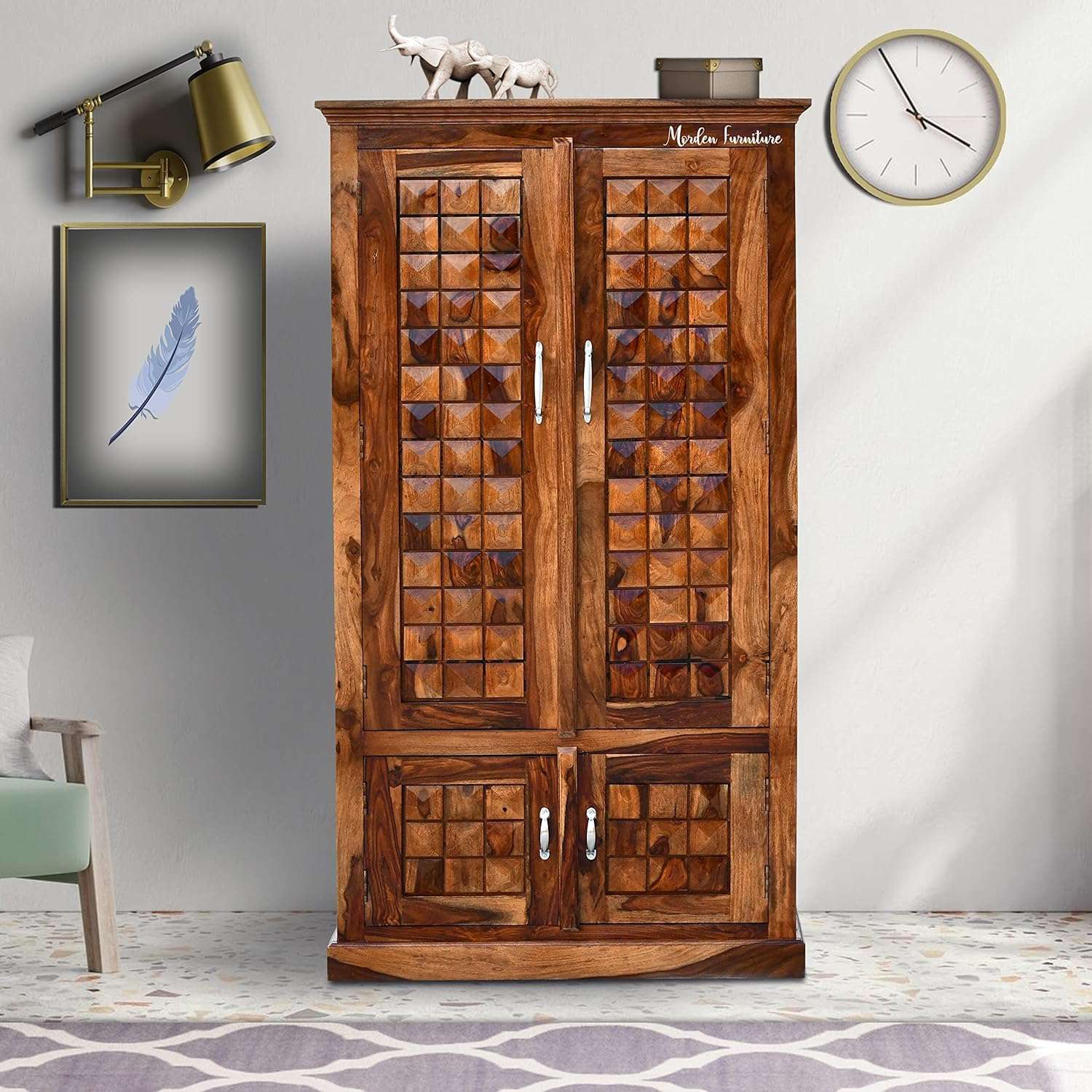 Diamond Solid Sheesham Wood 2 Door Wardrobe with Two Shelf- Natural Finish