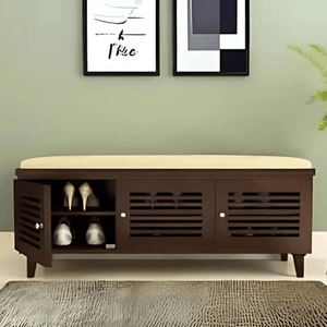 Sheesham Wooden Shoe Rack for Home with Door Storage and Cushion Seating Drawer | Multipurpose Cabinets for Living Room Home | Natural Walnut Finish