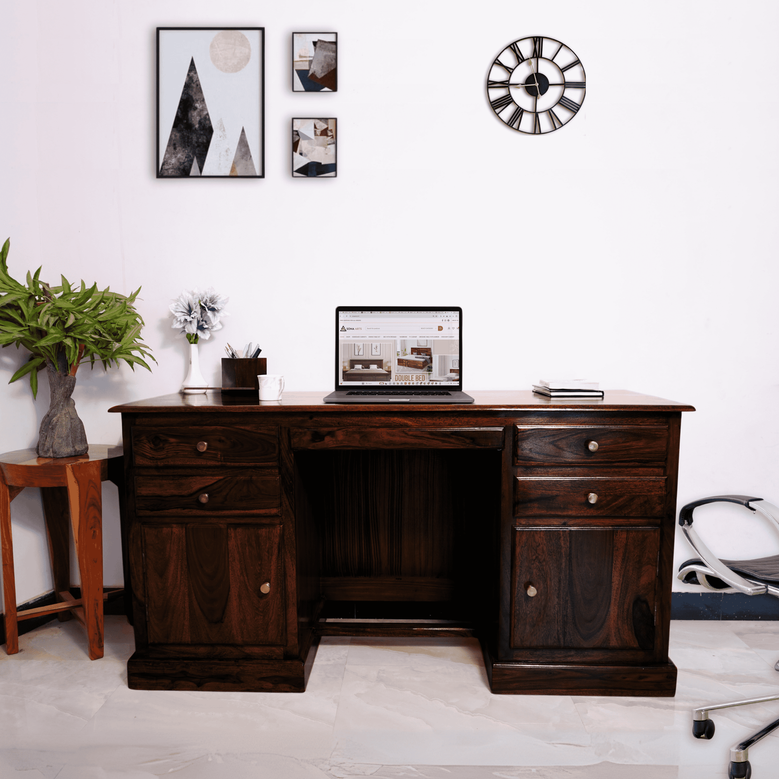 Carmel 2 Door Sheesham Wood Study Table 4 Drawers and 2 Doors - Walnut Finish