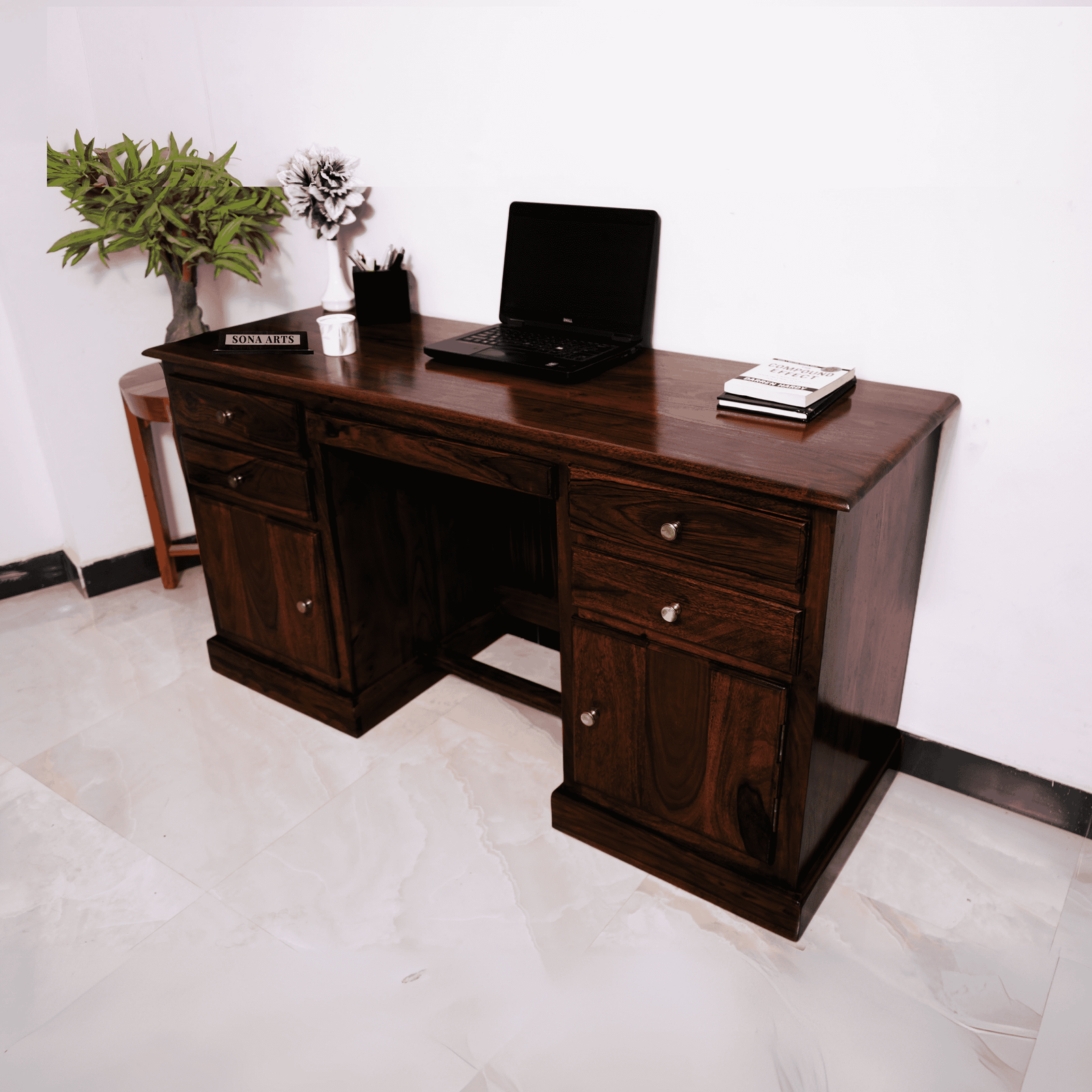 Carmel 2 Door Sheesham Wood Study Table 4 Drawers and 2 Doors - Walnut Finish